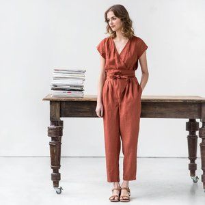 MARGARET saffron Wrap linen jumpsuit / Washed long linen overalls